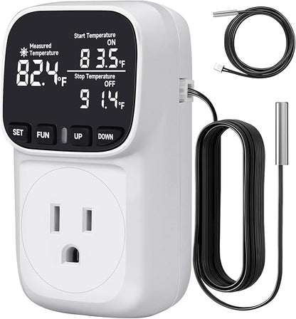 COMYAN Temperature Controlled Outlet with 16.4ft & 6.5ft 2 Probes, Reptile Thermostat 15A 1800W Digital Thermostat, Heating Cooling Timer with Cyclic Timing/Countdown, -40℉~210℉ for Reptile Incubator