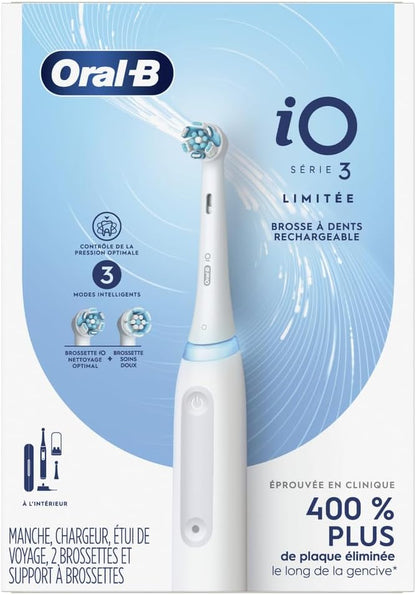 Oral-B iO Deep Clean Rechargeable Electric Toothbrush, White, iO Series 3 Limited, 2 Brush Heads, Travel Case, Pressure Sensor, 3 Cleaning Settings, 2-Minute Timer