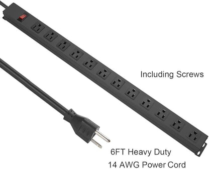 Metal Wall Mount Power Strip, Mountable Power Outlet with 12 AC Outlets, Aluminum Alloy Mount Power Socket with Switch, 6 FT SJT 3/C 14AWG Power Cord, 15A 125V 1875W (12AC) Black