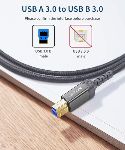 JSAUX USB 3.0 Printer Cable, Type A Male to B 3.0 Male (6.6ft/2M) USB 3.0 Type B Upstream Cord Nylon Braided Compatible with Docking Station, External Hard Drivers, Scanner, Printer and More(Grey)