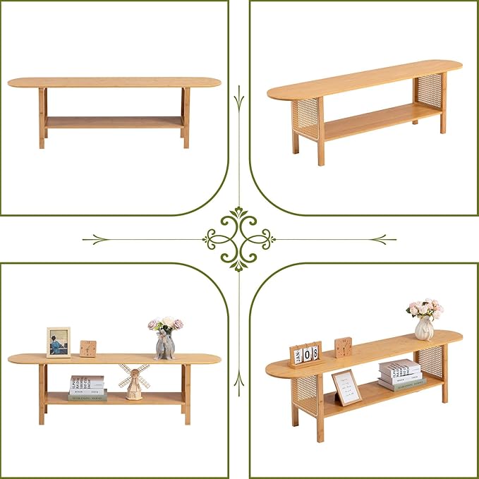 HollyHOME Bamboo TV Stand with Storage for TVs up to 65", Modern Entertainment Center with Rattan Side, Accent TV Table with 2 Shelf, Media Console TV Stand for Living Room, Bedroom, Burlywood