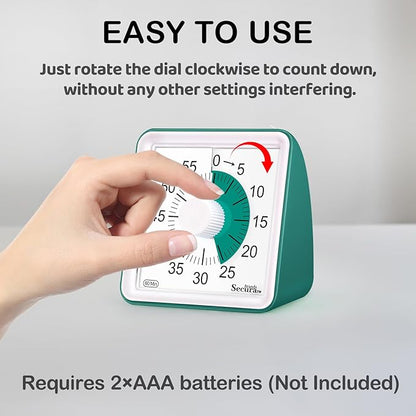 Secura 60 Minute Essential Visual Timer for Kids, Countdown Clock Timer for Special Education, Classroom, School, Desk, Home, Office, Silent Non-Ticking Time Management Tool (Dark Green & Dark Green)