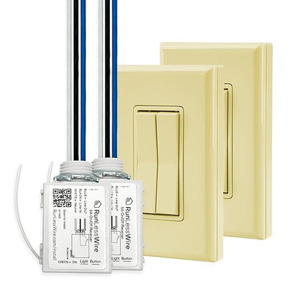 RunLessWire 3-Way Fan & Light Battery-Free DIY Kinetic Wireless Light Switch Kit for Bathrooms & Ceiling Fans: 2 Dual Remote Switches, Both Control 2 5A On/Off Receivers Separately – Ivory