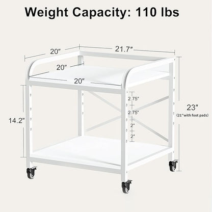 Vokumba 20 Inches Large White Printer Stand, 2-Tier Under Desk Printer Table with Height Adjustable Shelf, Rolling Printer Cart with Industrial Wheels for Home Office (White)