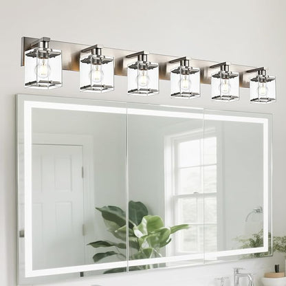 WINSHEN 6-Lights Brushed Nickel Bathroom Light Fixture Over Mirror, Modern Wall Sconce with Clear Glass Shades, E26 Bulb Base Vanity Lighting for Over Mirror Kitchen