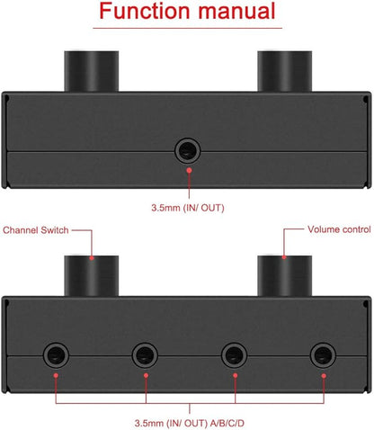 4-Way 3.5mm Stereo Audio Switcher - Passive Speaker Headphone Manual Selector Splitter Box (4 In - 1 Out)
