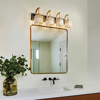 FDPBY Crystal Vanity Lights 4-Light Black Gold Bathroom Vanity Lights Modern Crystal Bathroom Light Fixtures Over Mirror 32.67" Long Vanity Light for Bathroom