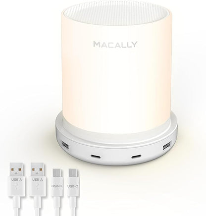 Macally Small Bedside Lamp with USB Ports (USB C + A) - Fast Charging Bedside Light and 3 Way Dimmable Touch Lamp for Nightstands - Great as a Night Light and Charger for Bedrooms