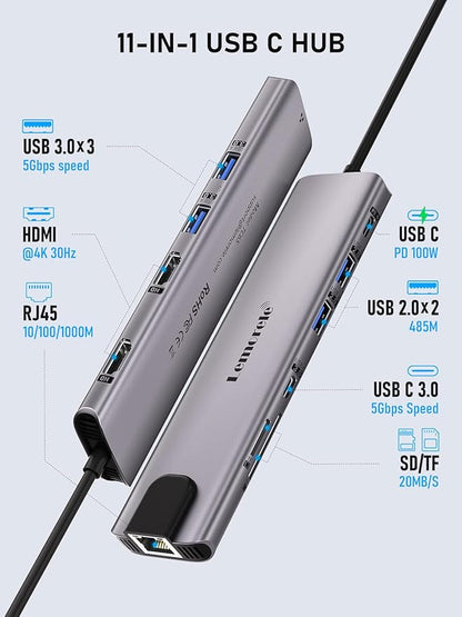 Aluminum Docking Station USB-C Hub with 2 HDMI, Gigabit Ethernet, 4 USB A, USB-C 3.0, PD 100W, SD/TF, 1000Mbps RJ45 LAN Dock Adapter for MacBook Docking Station Laptop, Supports 2 Monitor