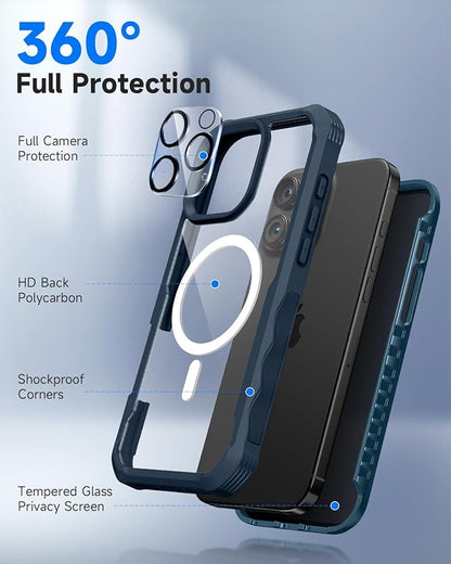 seacosmo for iPhone 16 Pro Case, Full Body Bumper with Built-in 9H Tempered Glass Privacy Screen Protector and Camera Lens Protector, Compatible with MagSafe, Shockproof Phone Cover, 6.3", Blue