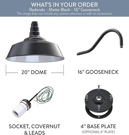 Steel Lighting Co. Large Outdoor Barn Light | Gooseneck Light Fixture | Made in America from 18-Gauge Steel | 20" Dome | 16" Gooseneck Matte Black Exterior/White Interior