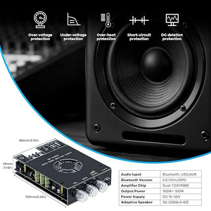 Hosyond ZK-1602T 2.0 Channel Bluetooth 5.0 Amplifier Board 160W+160W Stereo Audio Bluetooth Amp with Treble Bass Control for DIY Home Speakers