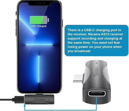 Nicama AS12 USB-C Wireless lavalier Microphone with 2 transmitters for iPhone 15 16 Type-c Android Samsung Smartphone Laptop Live Streaming YouTube TikTok (2TX+RX)
