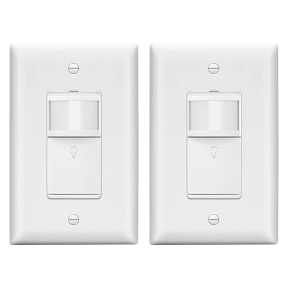LIDER Motion Sensor Switch with Wall Plate, UL Listed, PIR Sensor Switch, Occupancy/Vacancy, No Neutral Required, Ground Wire Required, 1-Pole, Modern Smart Home, White, Wall Plate Included, 2 Pack