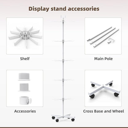 YEOOE Retail Display Racks 5 Tier Spinning Display Stand, Movable Shop Spinner Rack with Hooks, Retail Display Stand for Jewelry Keyring Hats Socks Toys (White)