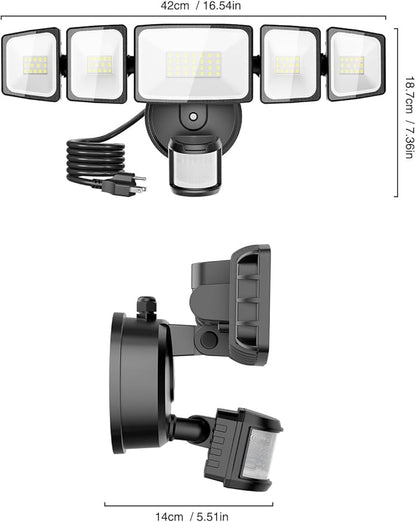 Onforu 5000LM Motion Sensor Outdoor Lights Plug in, 5 Head Motion Sensor Flood Light Outdoor with Remote, Dusk to Dawn Outdoor Lighting, IP65 Waterproof Motion Detector Lights for Outside, Black