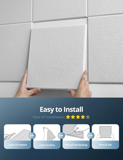 Square Acoustic Wall Panels, Sound Absorbing Panels for Walls, Ceiling, Doors, 18 Pack 12"x12"x0.4" Self Adhesive Decorative White Acoustic Tiles for Recording Studio, Office, Room, Home