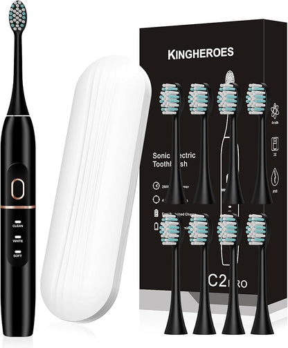 kingheroes Electric Toothbrush Set, Comes with 8 Brush Heads & Travel Case,4 Modes with 2 Minutes Built in Smart Timer, One Charge for 60 Days, 42000 VPM Motor (Black)