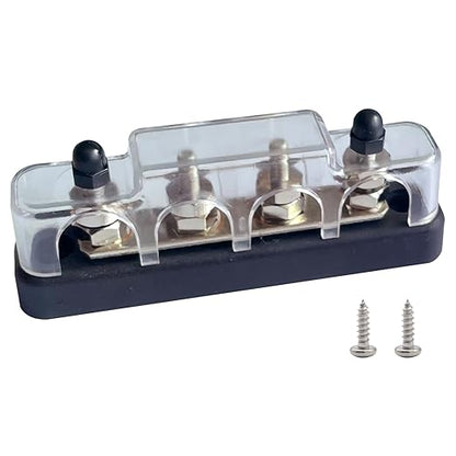 4 x #10 (M5) Studs Bus Bar, Ampper 4.2" Ground Distribution Block Brass Battery BusBar Junction with Cover for Auto Boat Amplifier and More (Black)