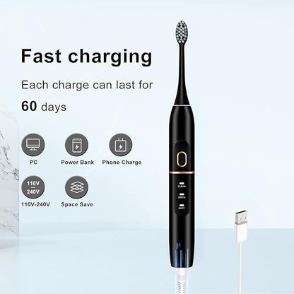 kingheroes Electric Toothbrush Set, Comes with 8 Brush Heads & Travel Case,4 Modes with 2 Minutes Built in Smart Timer, One Charge for 60 Days, 42000 VPM Motor (Black)