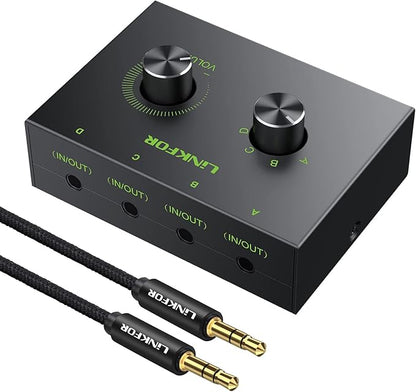 LiNKFOR 4 Port 3.5mm Stereo Audio Switch, 4 Way Stereo Audio Selector, 4 Input 1 Output / 1 Input 4 Output Audio Splitter with Volume Control and 4 Channel Switch Knob