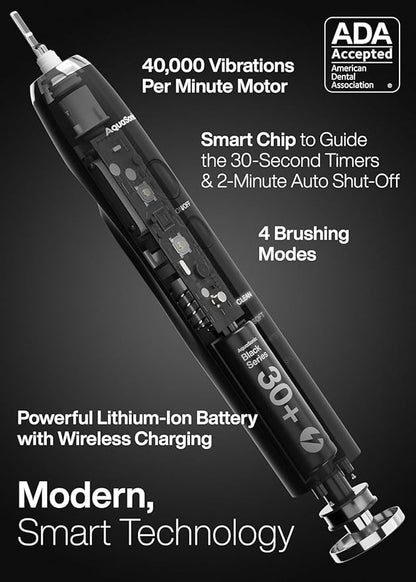 Aquasonic Black Series Ultra Whitening Toothbrush – ADA Accepted Electric Toothbrush- 8 Brush Heads & Travel Case – 40,000 VPM Electric Motor & Wireless Charging - 4 Modes w Smart Timer