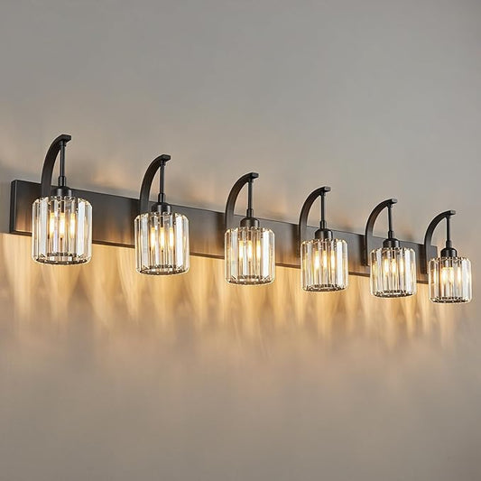 FDPBY 6-Light Crystal Vanity Light, Black Modern Wall Sconce with K9 Crystal Shades, 51.18" Long Over Mirror Lighting for Bathroom, Makeup, Hallway, Elegant & Easy Install