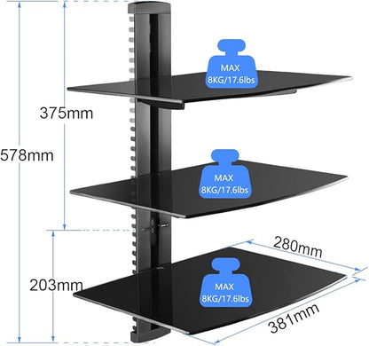 DVD Floating Shelf, Glass TV Wall Mount with Shelf for DVD Player / PS4 / Cable Boxes / Game Consoles / Sky Box / TV Accessories, Media Shelf, Flat Black Wall Mount Bracket, AV Shelves, 3 Tiers CS303S