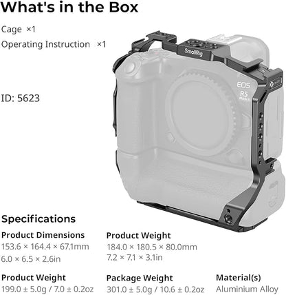 SmallRig R5 Mark II with Battery Grip BG-R20 Camera Cage for Canon, Three-Point Locking Full-Cage with Cold Shoe Mount, Quick Release Plate for Arca for Stabilizer and Tripod Shooting - 5623