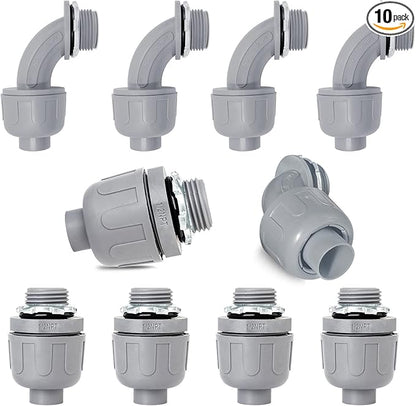 Wocloer 1/2 inch Liquid Tight Connector PVC Flexible Conduit Connector UL Listed Liquid Tight Conduit Fittings 10 Pack (5 pcs 180D/5 pcs 90D)