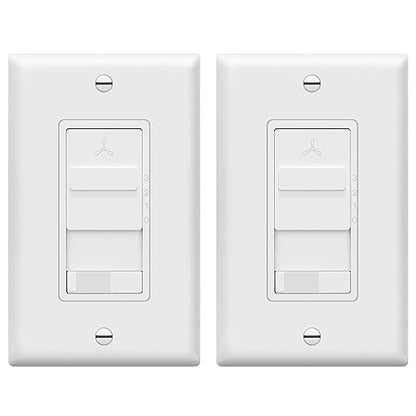 TOPGREENER Kalide Combo Light Switch with 3-Speed Fan Control, Light and Fan Combination Switch, Single Pole, 2.5A, 720W, Neutral Wire Not Required,Wall Plate Included, TGSFS3-W, White, 2 Pack