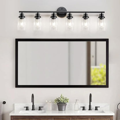Guliaofo 6-Light E26 Black Bathroom Vanity Lights, Modern Bathroom Light Fixtures with Clear Glass Shade, Wall Lamps for Mirror Hallway Kitchen Cabinet Living Room Sconces Lights