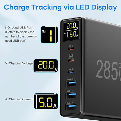YSYFAD 6 Port USB C Charging Station with Digital LCD Display - GaN Fast 100W USB C Charger for MacBook Laptops, iPad, iPhone, Samsung - Black