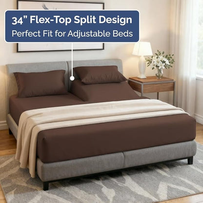 Split Head King Sheet Set – 4 Piece Flex Split Top King Sheets for Adjustable Beds - Fits 14” to 16" Mattress w/ Deep Pockets - Ultra-Soft, Breathable & Cooling - Luxury Bedding & Wrinkle Free - Brown