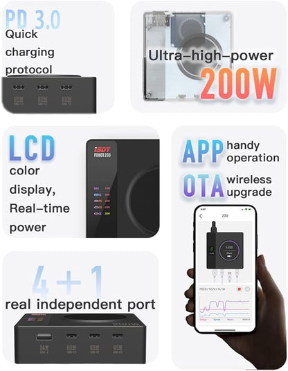 Power 200H 200W USB Charger Station with Wireless PD3.0 5-Port Fast Charging Multiport Charger with Display for Cell Phone, iPad, Laptops, AirPods and More