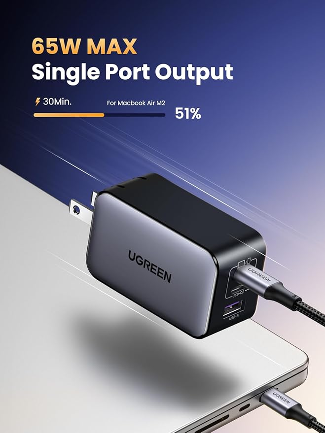 UGREEN 65W USB C Charger Block, Nexode 3-Port GaN Fast Type C Charger, Compact Foldable Power Adapter for MacBook Pro/Air, Dell XPS, iPhone 16/15, iPad Pro, Galaxy S25, (Black)