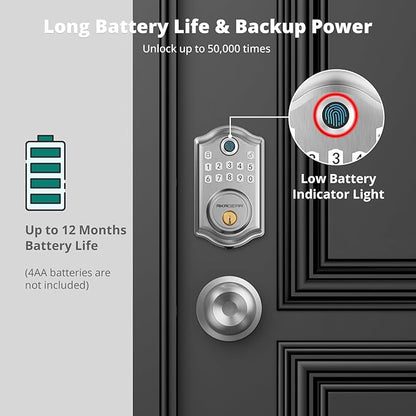 AkaGear DS10 Keyless Entry Door Lock with Door Knob, Fingerprint Door Lock, Electronic Keypad Deadbolt, Smart Door Lock, Smart Locks for Front Door, Auto-Lock - Satin Nickel