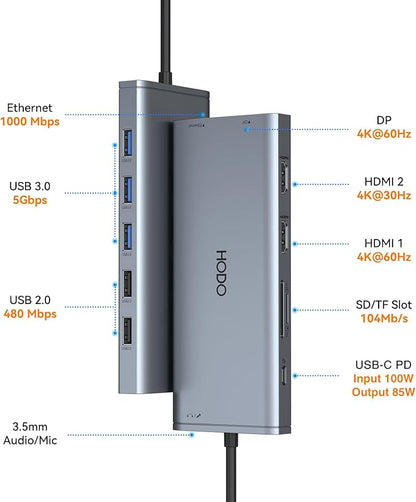 USB C Docking Station Dual Monitor for Dell HP Lenovo Surface Laptop USB Hub for Laptop Adapter, Docking Station Dual Monitor HDMI USB C Dongle with 2 HDMI DP 5 USB Ports 100 W PD SD TF Ethernet Audio