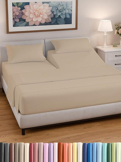 Split Head King Sheets Set - Top Split King Sheets for Adjustable Beds, Easy-Fit Split Head King Mattress - Flex Split Top King Sheets, Easy-Fit, Breathable, Deep Pocket Split King Sheets Set - Wheat