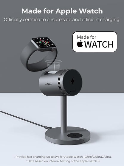 3 in 1 Charging Station Compatible with MagSafe, 15W Cooling Wireless Charger, Charger Stand Qi2 Certified for iPhone 16/15/14/13/12, Samsung S25, Apple Watch, AirPods (45W PD Charger Included)
