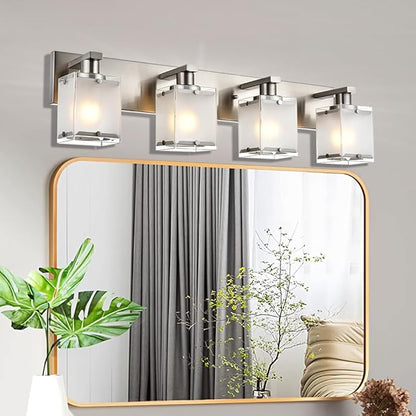 WINSHEN 4-Lights Bathroom Light Fixtures Over Mirror, Brushed Nickel Vanity Wall Mounted Lighting with Frosted Glass for Kitchen Living Room, E26 Bulb Base