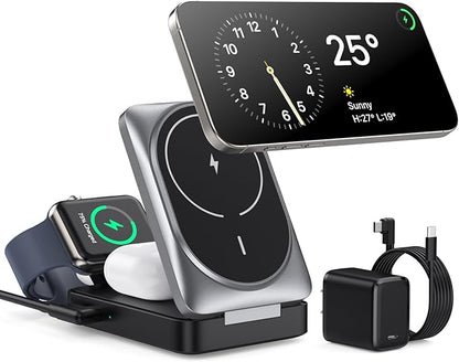 3-in-1 Wireless Charger Charging Station for iPhone, Qi2 Certified 15W Fast Charging Foldable Magnetic Charger Stand with 30W USB C Adapter for MagSafe iPhone 16/15/14/13/12, Apple Watch, AirPods