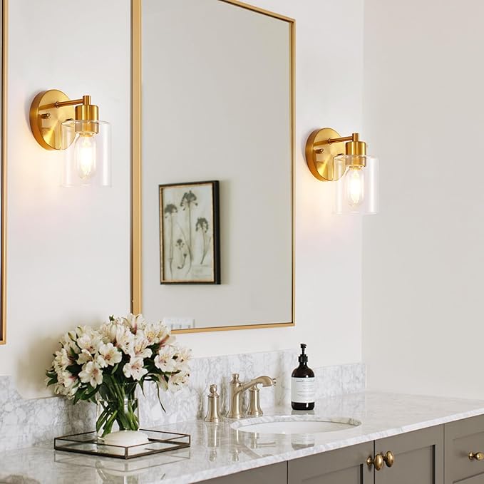SOPEAS 1-Light Wall Sconce Gold,Vanity Light, Wall Mount Bathroom Mirror Fixtures, Brass Bathroom Light fixtures with Clear Glass Shade for Bedroom, Entrance, Hallway, Living Room (1 Pack)