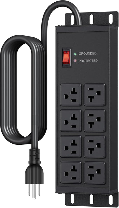 JUNNUJ Heavy Duty 20 Amp Surge Protector 4800J, Garage Metal 8 Outlets 12 Gauge, High Amp 5-15P Adapter Shop 6-20R T-Slot Industrial Outlet, 4 FT Extension Cord Commercial for Appliance