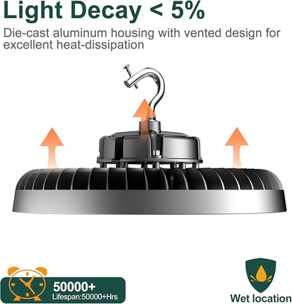 ACOHOOK 500W LED High Bay Light AC100-277V High Bay LED Light 5000K 75000LM UFO LED Lights with US Plug Suit for 30-60FT Height-𝟓𝐘𝐫𝐬 𝐖𝐚𝐫𝐫𝐚𝐧𝐭𝐲-3Pack
