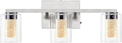 SADENICEL Brushed Nickel Vanity Lights, 3-Light Bathroom Light Fixtures, Crystal LED Bathroom Lights Dimmable White/Neutral/Warm Light with Clear Glass Shade for Bathroom Bedroom Hallway Lighting