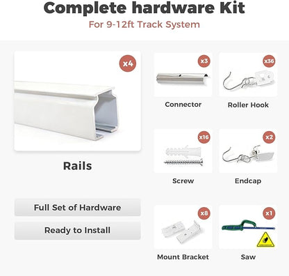ChadMade Aluminum Ceiling Curtain Track Set with Hooks, 9ft - 12ft Adjustable Length Ceiling/Wall Mount Curtain Rail System For Grommet/Pleated Drape, RV Ceiling Track, White