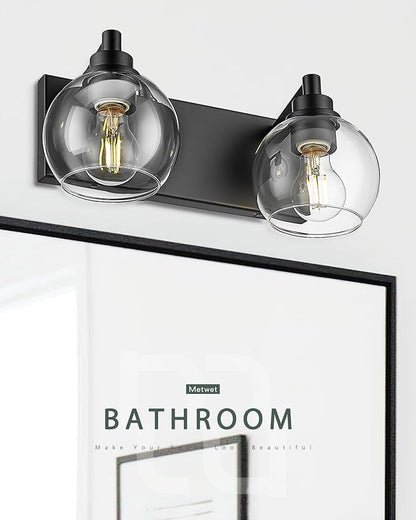 METWET Bathroom Light Fixtures, 2 Light Matte Black Vanity Light, Modern Wall Sconces with Clear Glass Globe Shade, Bathroom Wall Lights Over Mirror Kitchen Bedroom Hallway, VL195-MB-2