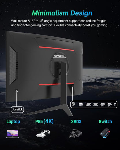 KTC 27 inch Gaming Monitor, 1440P Curved Monitor, 180Hz, 144Hz, 2K, 1500R, 1ms, FreeSync/G-Sync Compatible, DisplayPort/HDMI/USB, Ultrawide PC Vesa/Wall Mount Computer Monitor, H27S17