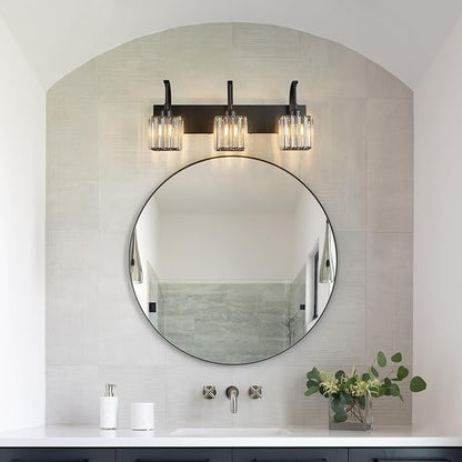 FDPBY Crystal Vanity Lights 3-Light Black Bathroom Vanity Lights Modern Crystal Bathroom Light Fixtures Over Mirror 23.62" Long Vanity Light for Bathroom